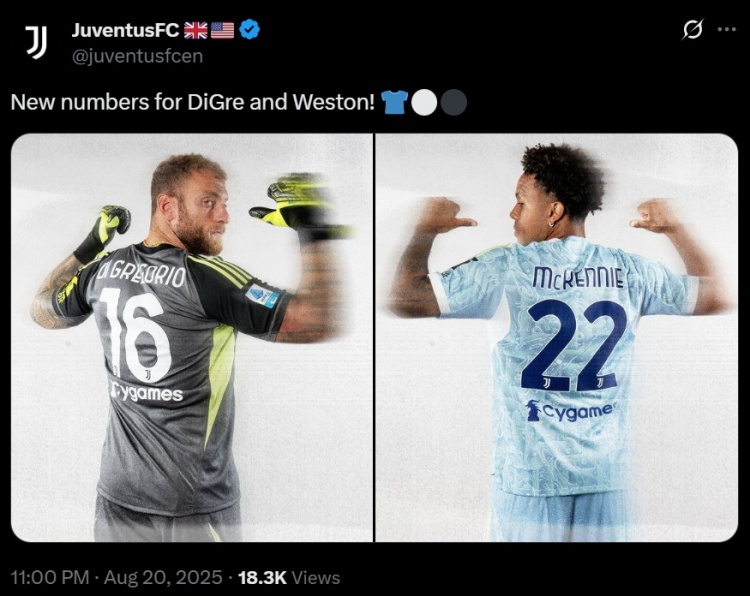 华体会网址-尤文图斯官方宣布迪格雷戈里奥新赛季身披16号 麦肯尼改穿22号战袍